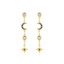 Gold earrings with star and moon designs on a white background