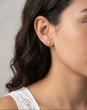 Close-up of a person wearing Celeste Moissanite Half Hoop Earrings