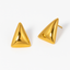 Close-up of gold triangular stud earrings with a smooth polished finish, 18.6mm tall and 13mm wide, displayed on a white background.
