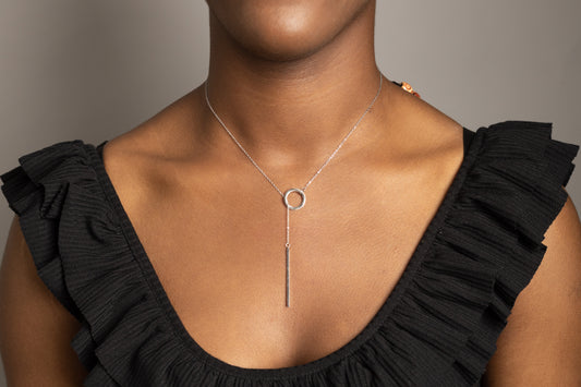 Silver Y Circle Lariat Necklace – Adjustable Minimalist Bar Necklace