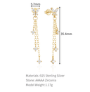 Gold butterfly earrings with chain details, showing measurements and material information. Sterling silver butterfly chain drop earrings showing size and drop length
