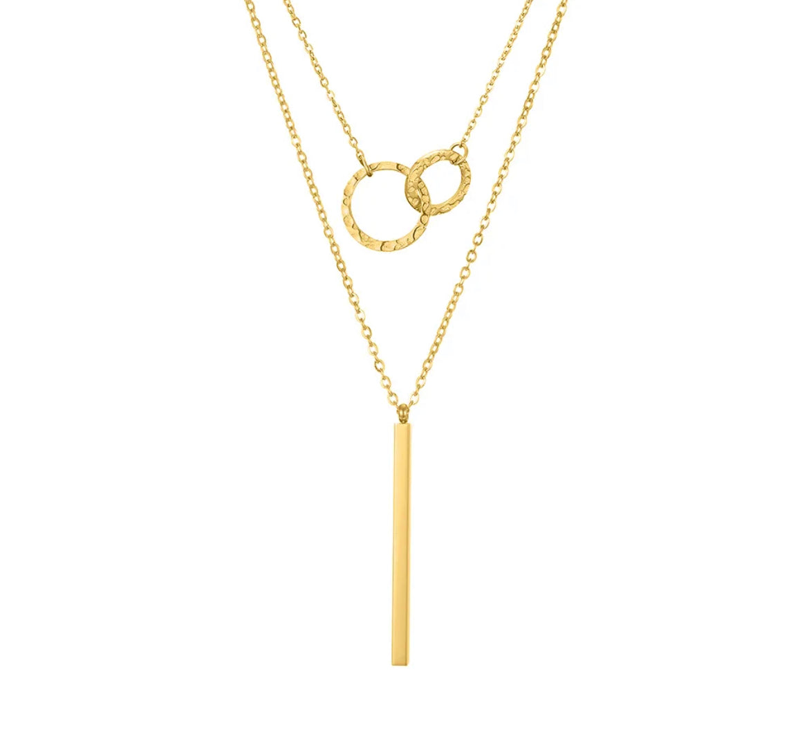 Two Chains in One- Gold Layered Necklace Set- Multilayer Circle Bar Pendant, 14K Gold Plated Necklace