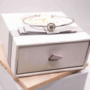 Halo Moissanite Bangle presented on a neutral display block to highlight the 1 carat moissanite centrepiece.