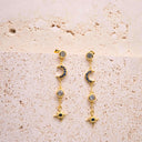 Moon & Star Drop Earrings – Gold  Fine Jewellery | 925 Sterling Silver | Midnight Blue CZ Stones, on a beige background