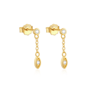 Dainty CZ Drop Chain Stud Earrings – 925 Sterling Silver Gold or Silver- Gold earrings with small diamonds on a white background