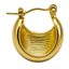 Close-up of gold dome hoop earrings with ribbed interior, 1.5cm tall, 18k gold-plated surgical stainless steel, high-polish finish.