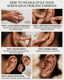Step-by-step guide on how to wear and style screw back piercing earrings.