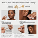 Step-by-step guide on how to wear threadless push-pin earrings with illustrations and text.