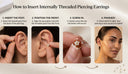 Step-by-step guide on how to insert internally threaded piercing earrings with close-up images of an ear and hands.