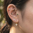 Close-up of a person's ear with multiple earrings against a blurred natural background