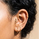 Close-up of an ear with gold snake earrings against a neutral background
