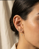 Close-up of an ear with multiple earrings against a neutral background