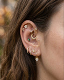 Close-up of an ear with multiple gold earrings and a blurred background