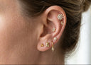 Close-up of an ear with multiple gold earrings on a neutral background