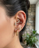Close-up of an ear with multiple gold and pearl earrings against a blurred indoor background.