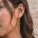 Gold Chain Link Drop Earrings – 18K PVD Gold Plated- Close-up of a person wearing a gold chain earring with a blurred background