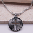 Silver stainless steel Lord’s Prayer Cross Necklace with engraved prayer and circular pendant design
