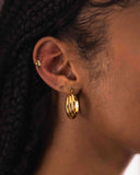 Close-up of an ear wearing Gold Twisted Hoop Earrings – 18k Plated Sculptural Hoops

Twisted Elegance | 18K Gold-Plated | Hypoallergenic | Ella and Faith London