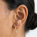 Close-up of an ear wearing a gold earring with a clear gemstone on a white background