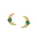 Crescent Moon Stud Earrings with Emerald Green CZ Stones– 925 Silver