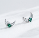 Crescent Moon Stud Earrings with Emerald Green CZ Stones– 925 Silver