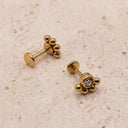 Paw Print CZ Flat Back Piercing Stud - A pair of gold-plated labret stud earrings with a small cluster of beads on the front and a clear round gemstone in the center of one earring, displayed on a textured beige stone surface.