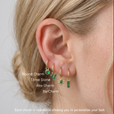 Close-up of an ear wearing gold hoop earrings with various charms on a plain background.