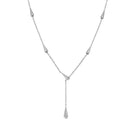 A silver Y-necklace featuring five tapered cone-shaped spikes along the chain and a teardrop pendant hanging from the center, shown against a plain white background.