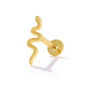 16g Dainty Flat-Back Snake Earrings – 16G Internally Threaded Studs in gold with a serpentine design.