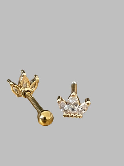 Gold lotus piercing stud – hypoallergenic tragus & cartilage jewellery by Ella and Faith London.